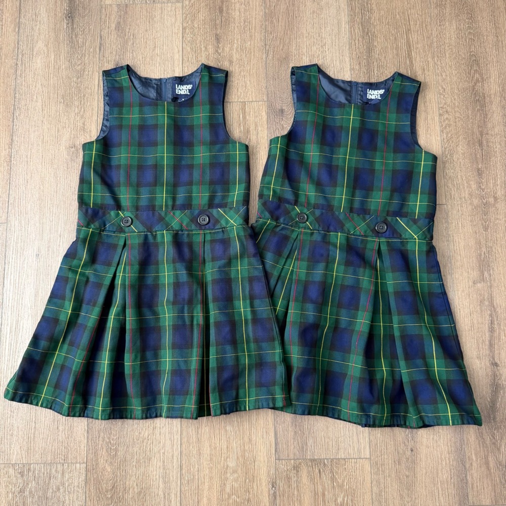 Lands' End Plaid Jumper Dress Girls 8 Green Navy Blue School Uniform Lot of 2